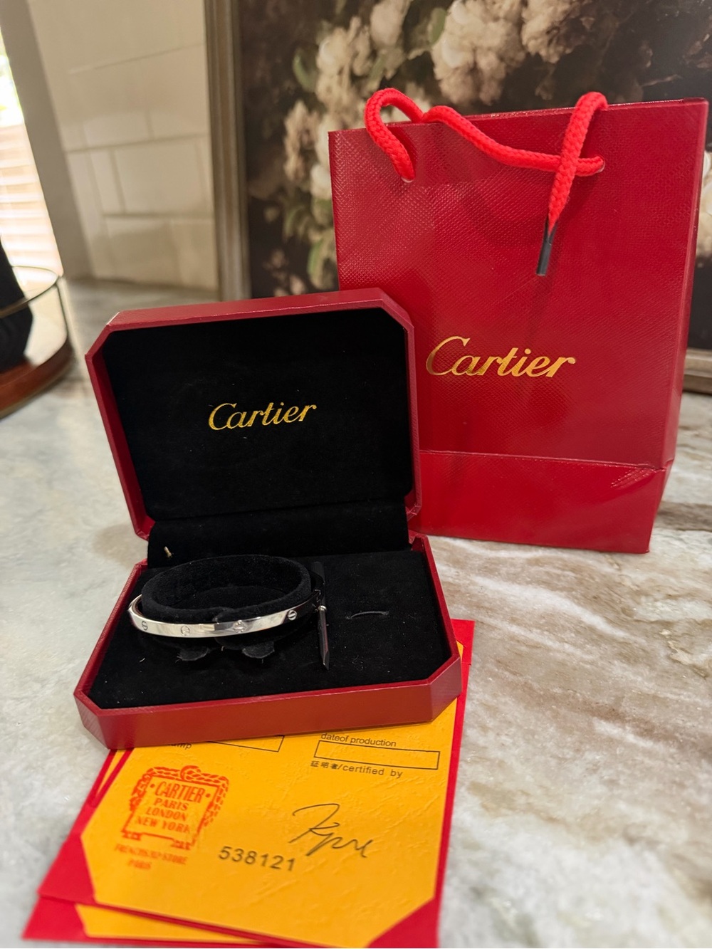 Silver Bracelet with Red Box and Bag